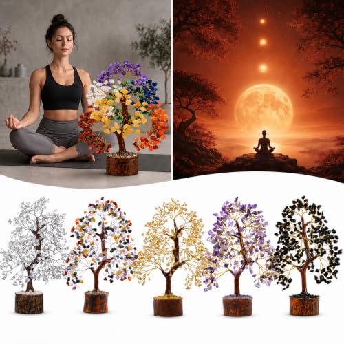 7 Chakra Tree of Life Crystal Tree | 300 Natural Gemstone Beads | Healing Crystal Tree for Housewarming, Positive Energy, Money & Good Luck | Birthday Gift for Women, Men, Mom, Sister & Friends - color: #3 Seven Chakra Golden Wire Tree (300 Beads)