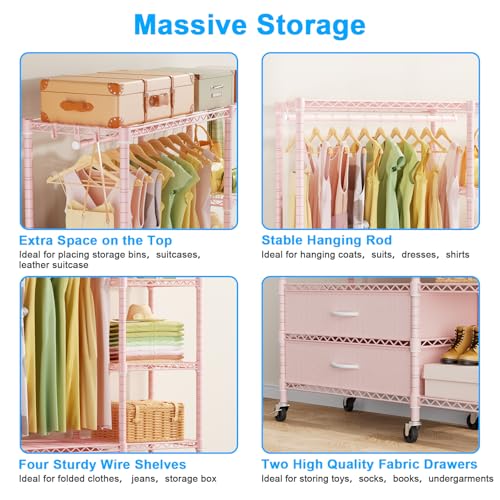 F3R Heavy Duty Clothes Rack（With Lockable Wheels）Freestanding Clothing Racks for Hanging Clothes，Adjustable Closet Organizer System，Portable Garment Rack 40"W x 15"D x 74"H，Max Load 700LBS，Pink - color: Pink, style: Rolling