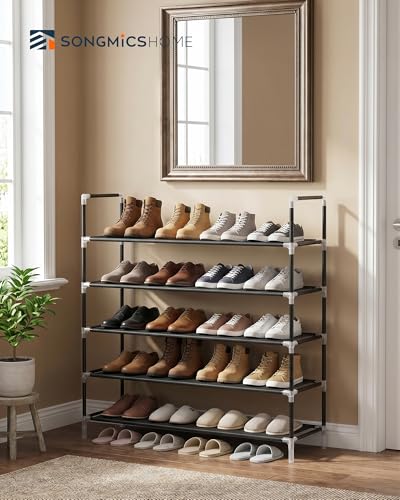 SONGMICS HOME Slim Shoe Storage Organizer, 5-Tier Metal Shoe Rack, for Hallway Closet, Non-Woven Fabric Shelves, Black - color: Black, size: 5 Tiers (11.2"D x 39"W)