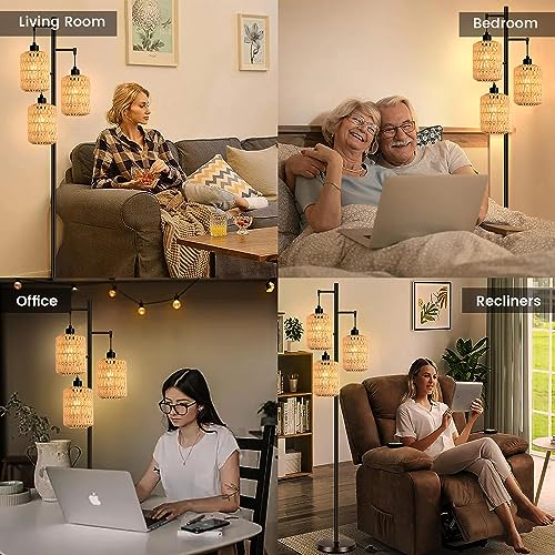QIYIZM Floor Lamp for Living Room,Bedroom,3-Lights Boho Rattan Tree Floor Lights,Industrial Black Farmhouse Standing Lamp Wicker Rustic Tall Lamp,Woven Bamboo LampShade Floor Lamps Bohemian - size: 20-Floor Lamp