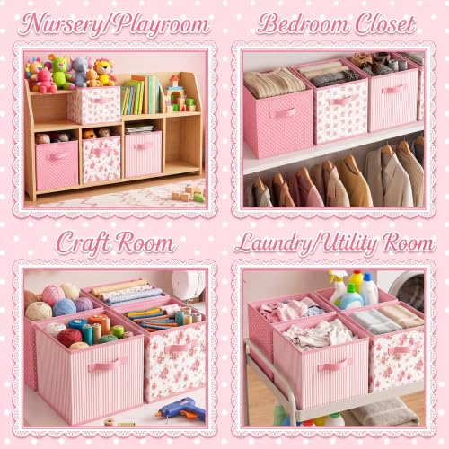 Marsui 4 Pcs Pink Floral Cube Storage Bins 11 Inch Pink Flower Storage Basket with Handle, Preppy Organizer Basket, Collapsible Fabric Box for Classroom Bedrooms Office Home Decoration Gift