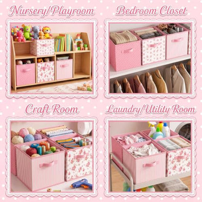Marsui 4 Pcs Pink Floral Cube Storage Bins 11 Inch Pink Flower Storage Basket with Handle, Preppy Organizer Basket, Collapsible Fabric Box for Classroom Bedrooms Office Home Decoration Gift