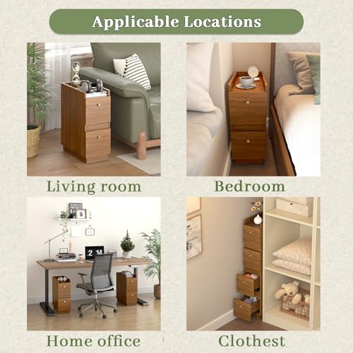 Narrow Night Stands, Modern Slim Nightstand Set of 2, Wooden Skinny Bedside Table 2 Drawers, Stackable Narrow Side Table with Drawers for Small Spaces, Bedroom, Living Room, Walnut Brown - color: Brown (2pcs)