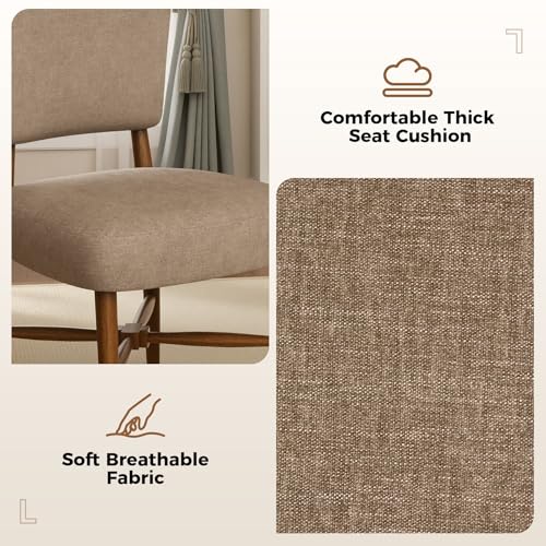 Mid Century Dining Chairs Set of 4, Linen Seat, Wood Legs, Brown | Farmhouse, Upholstered Padded Cushion, Solid Wood Cross-Brace, Easy 15-Min Assembly, Kitchen Dining Room - color: Brown, size: Set of 4