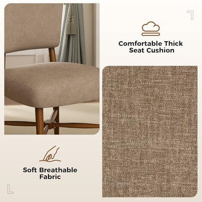 Mid Century Dining Chairs Set of 4, Linen Seat, Wood Legs, Brown | Farmhouse, Upholstered Padded Cushion, Solid Wood Cross-Brace, Easy 15-Min Assembly, Kitchen Dining Room - color: Brown, size: Set of 4