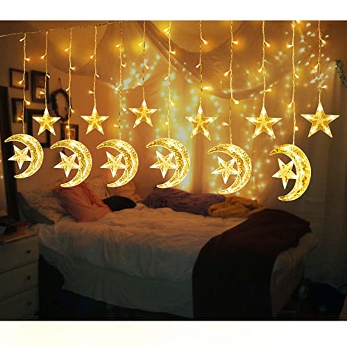 Ramadan Decorations for Home,138 LED Upgraded Extra Large Star Moon Curtain Lights for Kids Bedroom Decor,USB Powered 8 Modes Remote LED Fairy Lights for Ramadan Window Wedding Christmas Decor