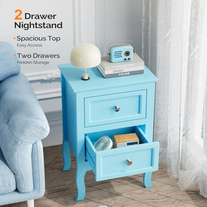 Bonnlo Nightstand Set of 2, Nightstands with 2 Drawers, Blue Nightstand, Bed Side Table/Night Stand, Small Nightstands for Bedroom, Small Spaces, College Dorm, Kids’ Room,Living Room, Wood,16W*12D*24H - color: Blue
