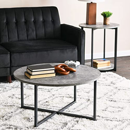 Household Essentials Jamestown Round Side End Table with Storage Shelf Rustic Slate Concrete and Black Metal - color: Slate