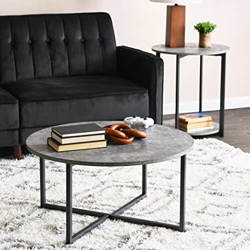Household Essentials Jamestown Round Side End Table with Storage Shelf Rustic Slate Concrete and Black Metal - color: Slate