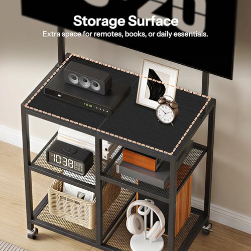 HOOBRO Small TV Stand with Wheels and Mount for 50 Inch TVs, Mobile Rolling TV Stand with Storage Shelves, Small Entertainment Center, for Living Room, Bedroom, Study, Black BB37DS01 - color: Black