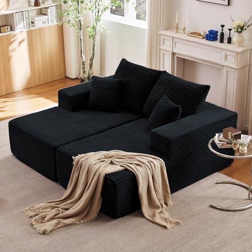 70.8" Oversized Double Chaise Lounge Indoor, Upholstered Deep Seat Cloud Couch Corduroy Lounge Chair, Modern Sofa Bed Loveseat Sleeper Chair for Living Room Bedroom Apartment, Dark Black - color: Dark Black, size: 70.8"