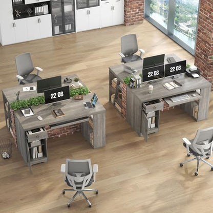 HSH 55" Modern Office Desk, Farmhouse Grey Computer Desk with Keyboard Tray | Wooden Executive Computer Table Teacher Desks with Storage Drawers Shelves and Cabinet for Home Writing Work Study - color: Light Grey Oak