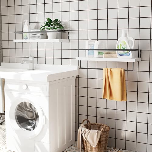 White Wood Floating Shelves Wall Mounted - 2+1 Tier Rustic Bathroom Wall Shelves Over Toilet with Towel Bar, Natural Wood Set of 2 Farmhouse Floating Shelf for Bathroom, Kitchen, Bedroom. - color: 2-tier White Bathroom Shelves, size: 2-Tier