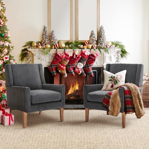 COLAMY Modern Wingback Living Room Chair Set of 2, Upholstered Fabric Accent Armchair, Single Sofa Chair with Lounge Seat and Wood Legs for Bedroom/Office/Reading Spaces, Gery - color: Grey, size: Set of 2
