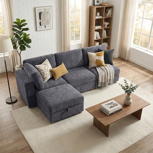 KEIKI 4 Seat Modular Convertible Sofa with Storage Seats, Multifunctional Folding Fabric Sectional Couch with Removable Covers, Modern Sleeper Sofa for Movie Nights, Living Room - size: 4-Seater