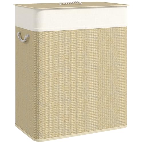 HOMCOM Double Laundry Basket with Lid 26.4 Gallon Bamboo Hamper Natural | Rope Handles, Clothes Hamper, Removable Liner, Bathroom, Bedroom - color: Natural