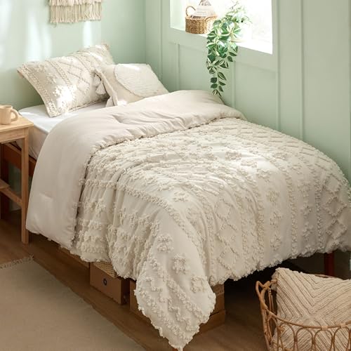 Bedsure Tufted Boho Comforter Set Twin Size - Beige Boho Bed Set, GentleSoft™ 2 Pieces Farmhouse-Style Embroidery Bedding, Gifts for Woman, Soft Jacquard Kids' Twin Comforter for All Seasons - color: 01 - Beige - Elegant, size: Twin/Twin XL