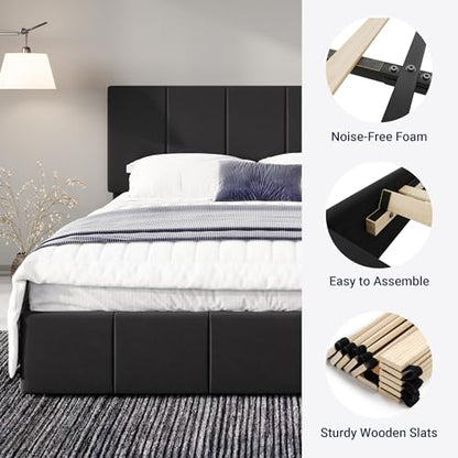 Allewie Full Size Dutch Velvet Upholstered Platform Bed Frame/Vertical Channel Tufted Adjustable Headboard/Low Profile Bed Frame/No Box Spring Needed/Easy Assembly/Black - color: Black, size: Full