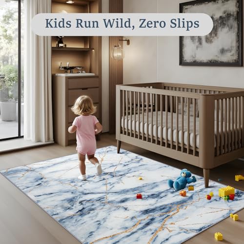 CRYPTOLITE Abstract Area Rug 4x6 Washable Rug with Non-Slip Backing Low Pile Area Rug Area Rugs for Living Room, Bedroom, Dining Room, Blue - color: Marble - Blue, size: 4' x 6' (Rectangular)