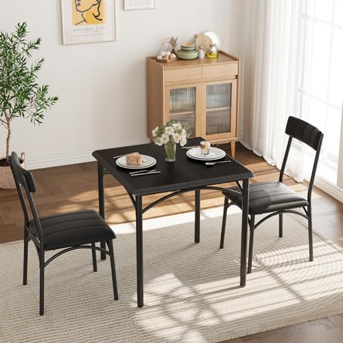 GarveeLife 3-Piece Dining Table Set for 2, Square Kitchen Table & Chairs | Upholstered, Space-Saving Square Kitchen Table Set, Compact Dining Room Furniture for Apartment, Studio - color: Black