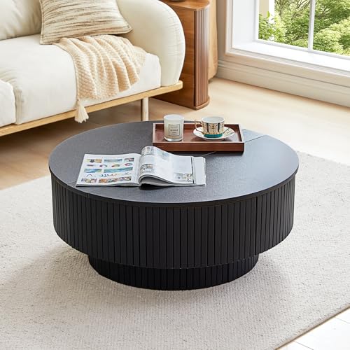 33" Round Coffee Table with Lift-Top & Flip-Top Storage, Modern Accent Fluted Coffee Tables with Metal Frame, Wooden Circle Center Table for Living Room Small Space Apartment Office (Black) - color: Black 33" Round Lift-top & Flip-top