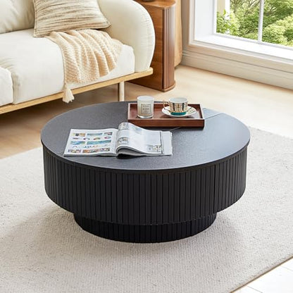 33" Round Coffee Table with Lift-Top & Flip-Top Storage, Modern Accent Fluted Coffee Tables with Metal Frame, Wooden Circle Center Table for Living Room Small Space Apartment Office (Black) - color: Black 33" Round Lift-top & Flip-top