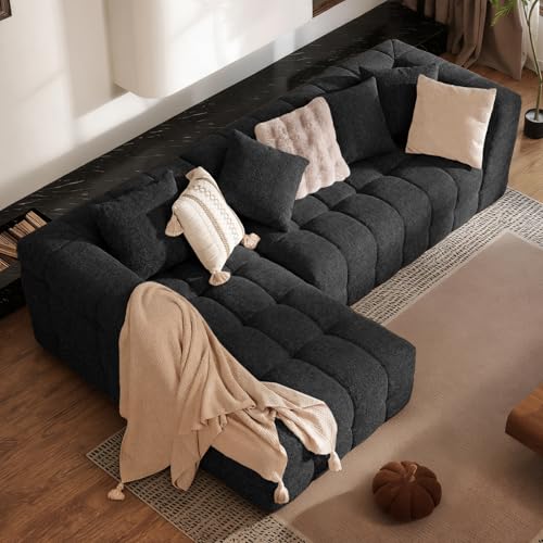 107" Modern Boneless Couch with L - Shaped Chaise, Comfy Chenille Modular Sectional Sofa with Tufted Design, Deep Seat Upholstered Sofa Bed, No - Assembly Sectional Couch, Black - color: Black