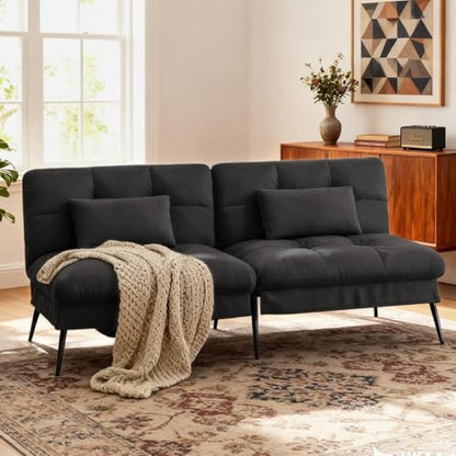 COMHOMA 72″ Convertible Futon Sofa Bed, Adjustable Backrest, Black | Breathable Fabric Futon Couch with Pillows,Multi-angle Ergonomic Reclining,Space-saving Sleeper Sofa for Living Room - color: Black