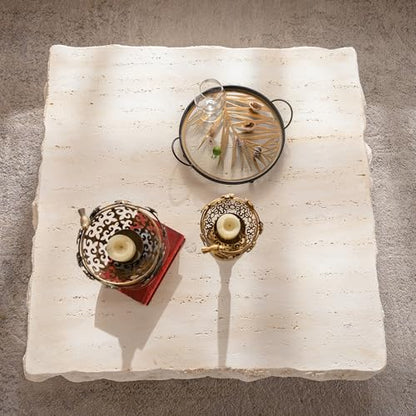 35.43'' Square Faux Stone Coffee Table, MgO Concrete Drum Center Table, Modern Minimalist Faux Marble Square Coffee Table for Living Room, Apartment, Office, No Assembly, Beige - color: 35.43'' Square Beige
