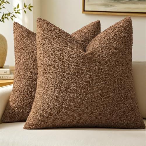MIULEE 18x18 Decorative Lumbar Boucle Couch Pillow Covers Sudan Brown | Set of 2 Textured Neutral Throw Pillow Covers, Accent Solid Pillowcases, Sofa Living Room Home Decor - color: Sudan Brown, size: 18" x 18" (Pack of 2)