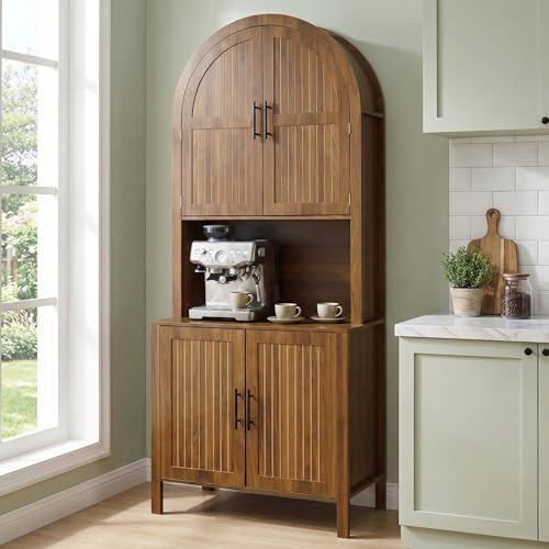 76" Tall Arched Kitchen Pantry, Large Kitchen Storage Cabinet with Fluted Doors and Microwave Stand, Modern Wood Buffet Sideboard, Adjustable Shelves, Cupboard for Dining Room, Living Room, Walnut - color: Walnut