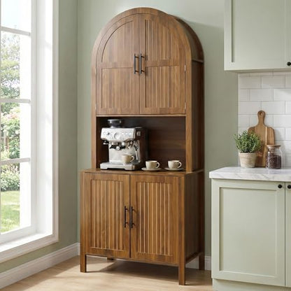 76" Tall Arched Kitchen Pantry, Large Kitchen Storage Cabinet with Fluted Doors and Microwave Stand, Modern Wood Buffet Sideboard, Adjustable Shelves, Cupboard for Dining Room, Living Room, Walnut - color: Walnut