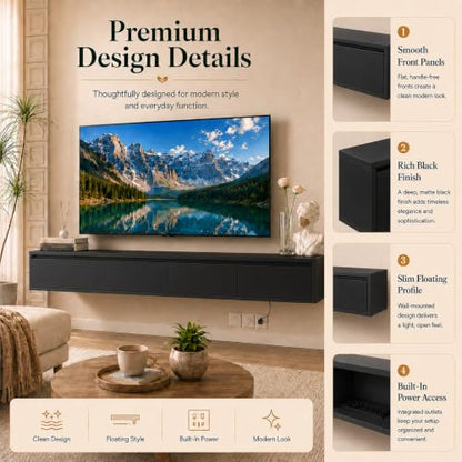 Black Floating TV Stand Wall Mounted, 72.8" Media Console | Fits Up to 80* TV, Black finish, midcentury modern tv stand. - color: Black-c