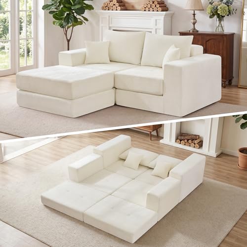 79" Boneless Cloud Loveseat Sofa, Modular Sectional Love Seat with Ottoman, Modern L-Shaped Tufted Convertible Sleeper Sofa Bed for Living Room & Small Spaces, No Assembly Required, Beige - color: Beige, size: 79.5" Tufted Boneless Loveseat