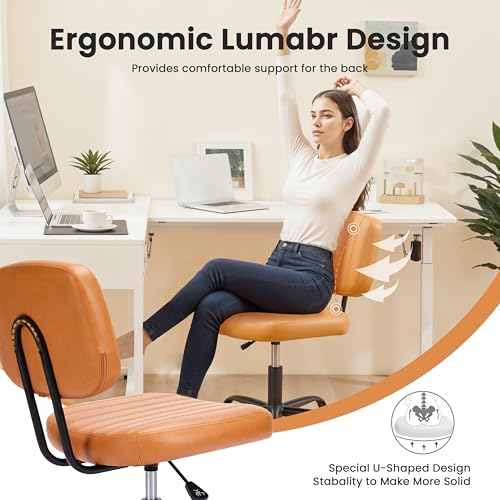 YSSOA Home Office Desk Chair Small Computer Chair Ergonomic with Low Back Lumbar Support, Height Adjustable Armless PU Leather Vanity Stool 360° Swivel Rolling Chair, Brown - color: Brown