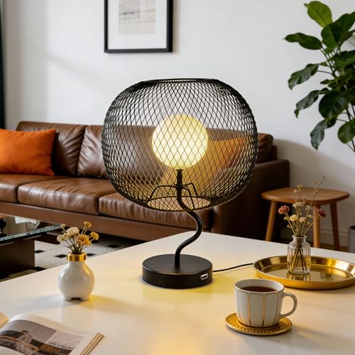 Cordless Industrial Table Lamp, Touch Dimmable Bedside Lamp with Black Metal Mesh Shade, USB-C Rechargeable Warm Ambient Light for Bedroom, Living Room, Dining Table, Side Table