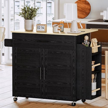 IRONCK Kitchen Island with Storage, Charging Station and Drop Leaf, Black | Wheels, Drawers, Open Shelves, Drawer Storage, Everyday Home Use - color: Black