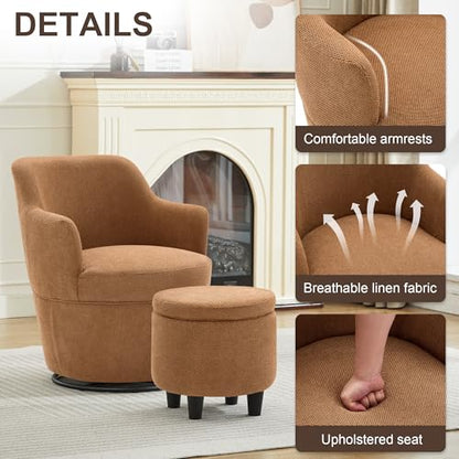LOULENS Swivel Accent Chair with Storage Ottoman, Brown | Linen, Small, Barrel, Reading Chair, Vanity Chair, Comfy Single Sofa, Armchair, For Living Room, Bedroom - color: Brown