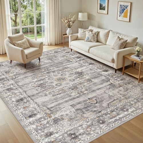 Vintage Washable 6x9 Area Rug, Non-Slip Indoor Carpet, Grey | Soft Low Pile Rug with Non-Slip Backing, Stain Resistant for Bedroom or Dining Room, Kid & Pet Friendly - color: Grey, size: 6' x 9' (Rectangular)