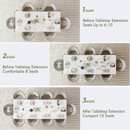 71-87 Inch White Extendable Dining Table, Seats 6-10, Modern Kitchen Table | STHOUYN Expandable Dining Room Table, White Marble-Look Finish, Modern Rectangle Design, Seats 6-10, Kitchen Dinner Table - color: White