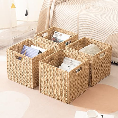 11x11x11 Cube Storage Bins Set of 4, Paper Rope Hand Woven Storage Basket with Handles, Collapsible Square Storage Cubes for Shelves, Wicker Shelf Baskets for Living Room Bedroom Organizing, Natural - size: 11" x 11" x 11" (4 Pack)
