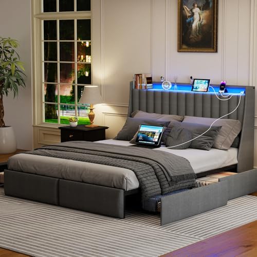 SADENICEL Queen Bed Frame with 4 Storage Drawer, Queen Size Bed Frame, Grey | Headboard with Charging Station and LED Lights, Metal Platform Bed with Storage Shelf, Noise Free, No Box Spring Needed - size: Queen, style: Channel Tufted & 4 Storage Drawers