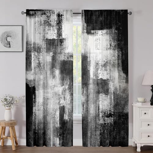 Black Grey Curtains for Living Room,Abstract Curtains 84 Inches Long 2 Panels,Black and White Rust Privacy Curtain with Rod Pocket for Bedroom,Modern Decorative Drapes,W52 x L84 Inch - color: Black and Grey White, size: 52"W x 84"L (Pack of 2)