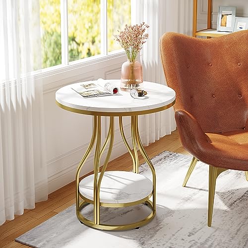 Tribesigns Round Side End Table 2-Tier End Tables Modern Bedside Table Small Chairside Tables with Storage for Couch Side, Nightstand with Metal Frame for Living Room (1, White+Gold) - color: White+gold