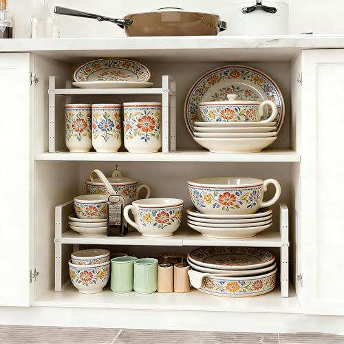 Expandable Cabinet Shelf Organizer Rack, Stackable Kitchen Counter Storage Shelves Stand, Adjustable Height Pantry Shelf Spice Rack (White-2 Pack, 8.7" D x 15.4-26.8" W x 9.8" H) - color: White-2 Pack