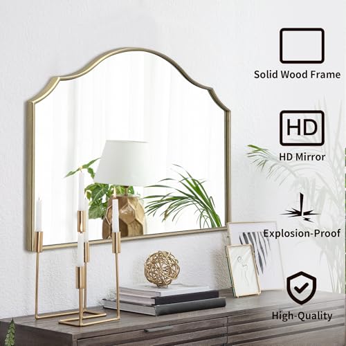Besdomus Gold Wooden Vanity Mirror: 32"x24" Bathroom Mirrors for Over Sink | Scalloped Modern Minimalist Decorative Wall Mirror for Dresser/Mantel/Bedroom/Entryway/Fireplace/Nightstand/Dining Room - color: Gold Leaf, size: 24"L x 32"W