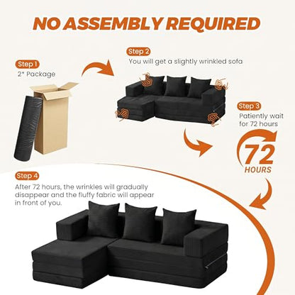 6-in-1 Boneless Couches Modular Sectional Sofa | Cloud Couch Sectional & Tri-Folding Mattress | Corduroy Pet-Friendly Convertible Sofa Bed with 800LB Capacity Living Room, Apartment, Guest Room - color: Black