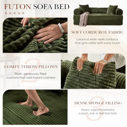 Antetek Modular Couch Bed, Convertible Folding Plush Corduroy Comfy Floor Compression Loveseat Sleeper Sofa Couch, King Size Bed for Guest Room Living Room Bedroom, No Assembly Required, Green