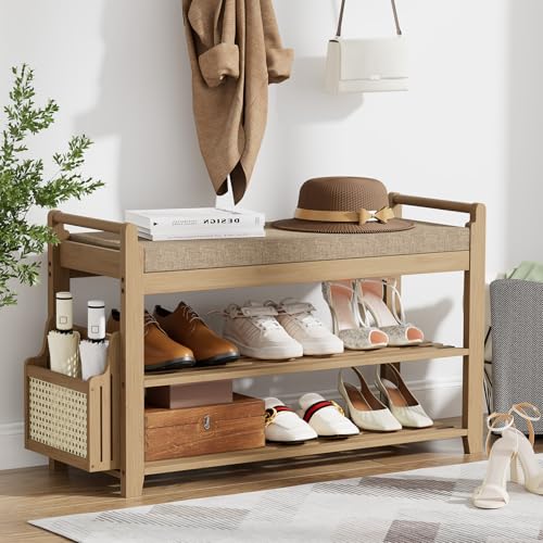 Homaxy 2-Tier Shoe Rack Bench, 31.5 in, Walnut and Light Brown | Bamboo Entryway Bench, with Side Holder, Shoe Rack Organizer with Cushion for Front Entrance, Hallway Living Room Bedroom - color: Walnut and Light Brown, size: 31.5 in