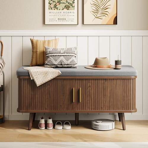 Decofy Shoe Storage Bench with Cushion and Sliding Doors, 39 Inch Shoe Bench with Storage, Freestanding Entryway Bench with Shoe Storage, with Solid Wood Legs, for Hallway & Entrance Hall, Walnut - color: Walnut, size: 39 Inch